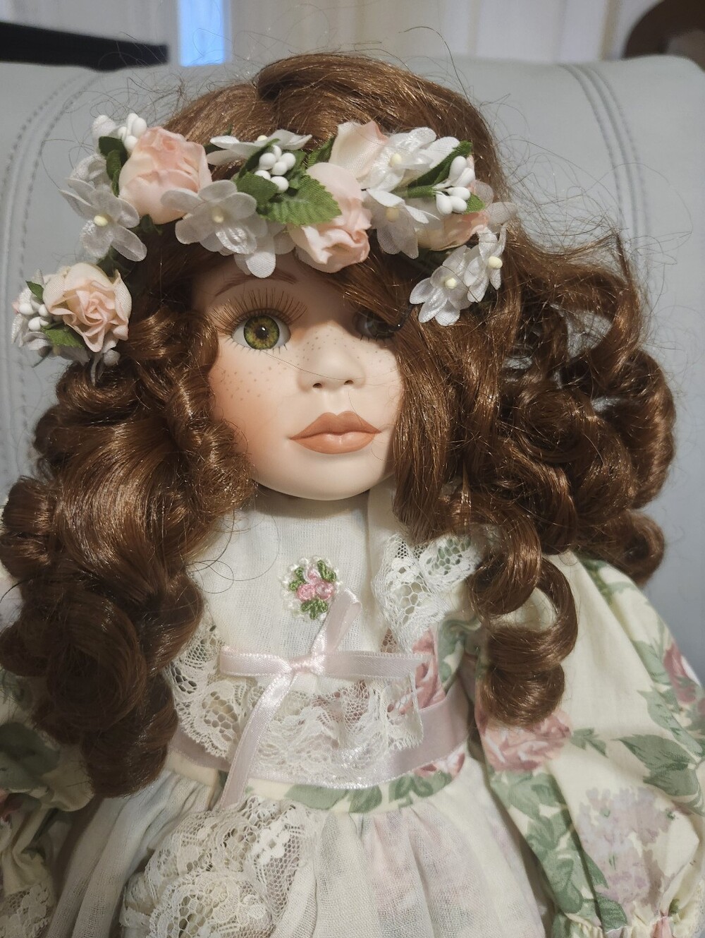 Vintage-Style Porcelain Doll with Floral Crown - Peach & Brown